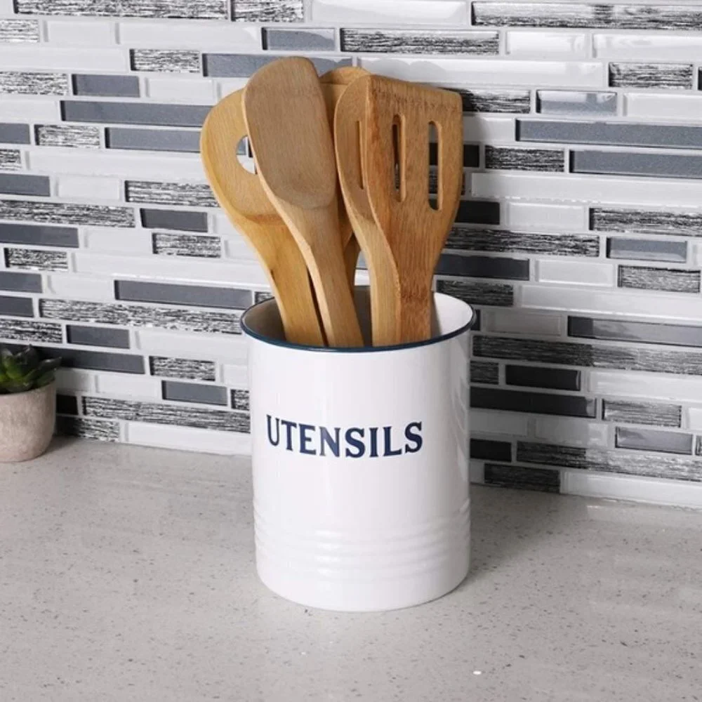 Utensil Holder Vintage Style Metal Freestanding 5 in x 5 in x 6 in White/Blue - Picture 5 of 10